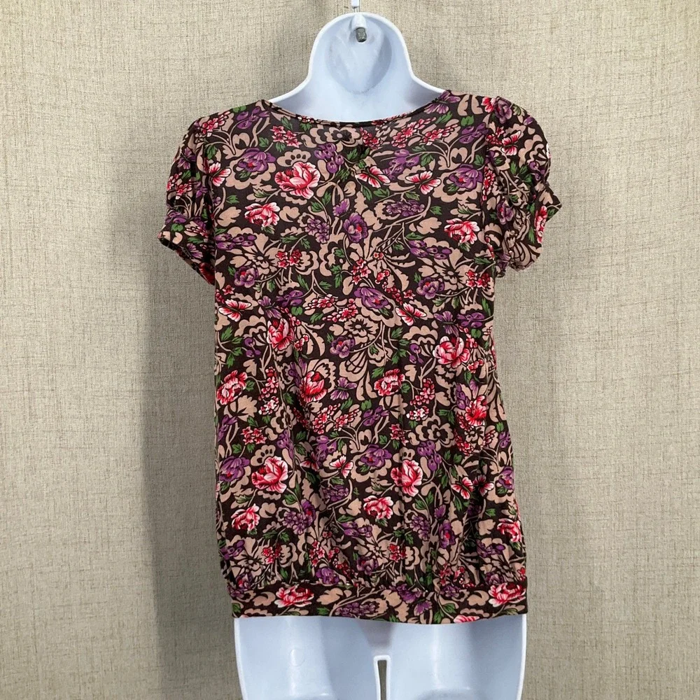 Free People Floral Blouse Womens XS Boho Bubble Hem Puff Sleeve‎ Top Botanical
